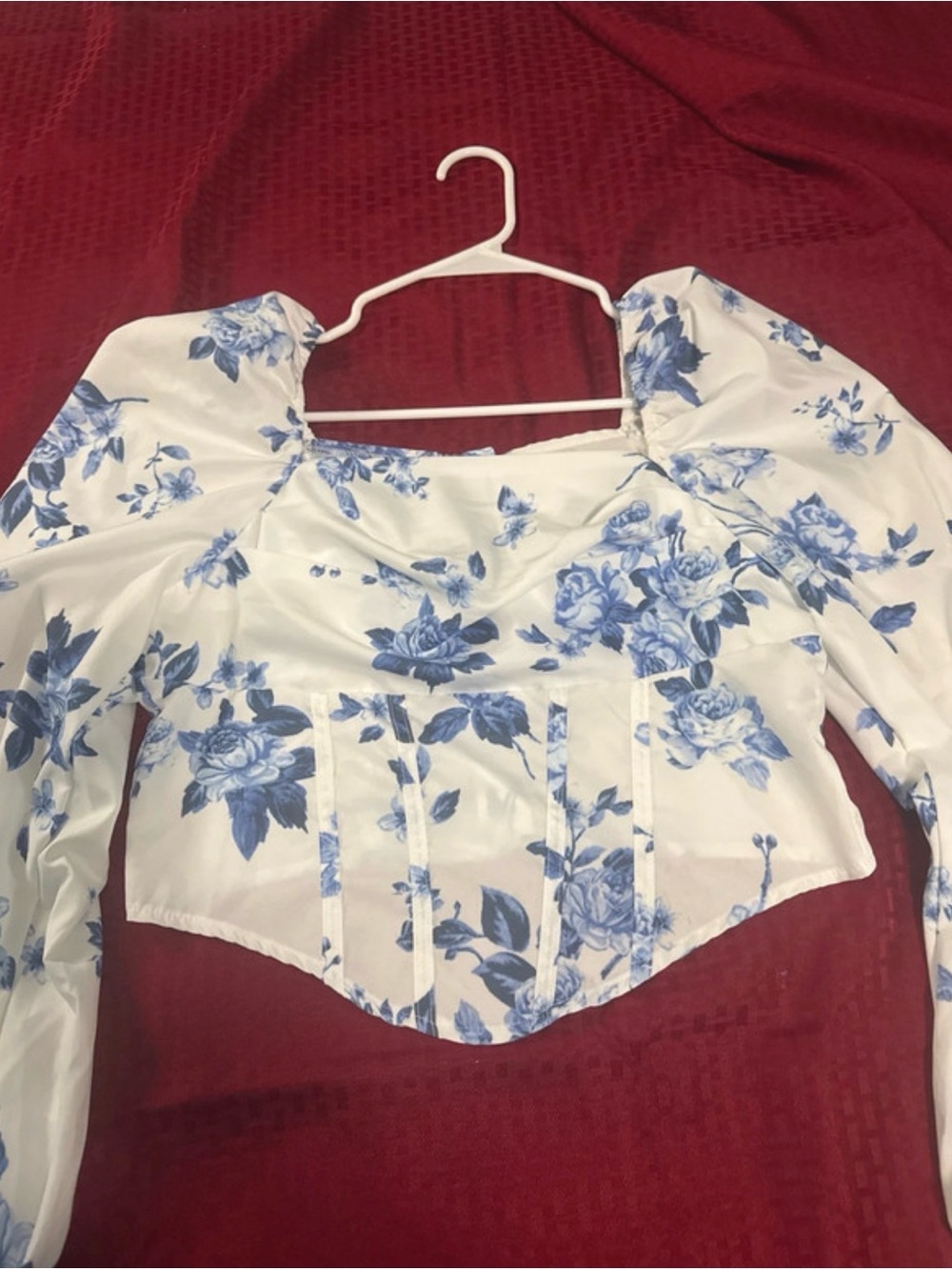SHEIN White Corset Top with Blue Floral Print
